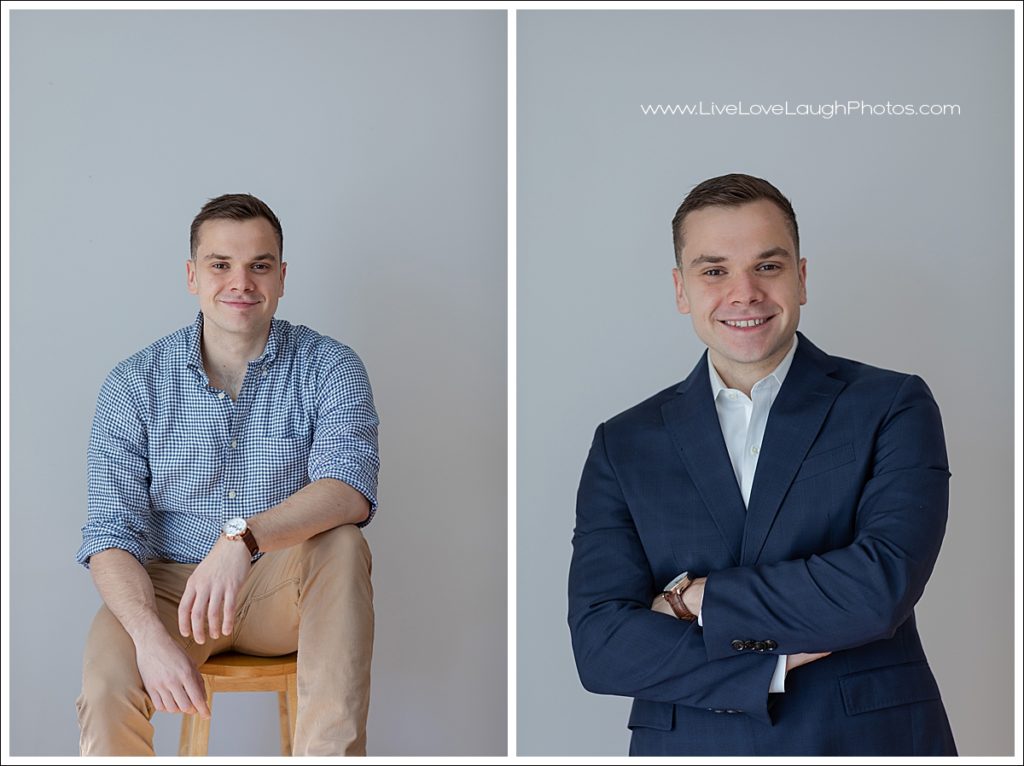 A young professional is having his headshots done at a Ridgewood Photo studio