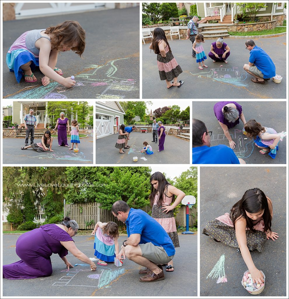 At a family photo session this Bergen County family is having fun with chalk