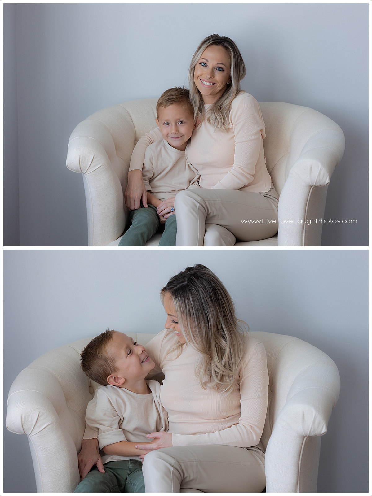 A young mom is posing with her son at a family session in Bergen county
